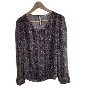 BCBGMaxAzria Dark Floral Semi Sheer Blouse size L Black Mother Pearl Button